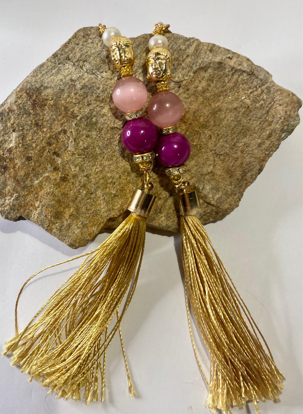 Exotic Deep Pink Jasper & Cat Eye Quartz and Cultured Pearl Gemstone Tibetan Dangle Earrings with Silk Tassels