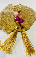 Load image into Gallery viewer, Exotic Deep Pink Jasper &amp; Cat Eye Quartz and Cultured Pearl Gemstone Tibetan Dangle Earrings with Silk Tassels
