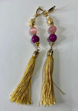 Load image into Gallery viewer, Exotic Deep Pink Jasper &amp; Cat Eye Quartz and Cultured Pearl Gemstone Tibetan Dangle Earrings with Silk Tassels
