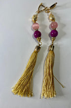 Load image into Gallery viewer, Exotic Deep Pink Jasper &amp; Cat Eye Quartz and Cultured Pearl Gemstone Tibetan Dangle Earrings with Silk Tassels
