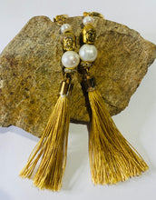 Load image into Gallery viewer, Exotic White Cultured Pearl Gemstone Tibetan Dangle Earrings with Silk Tassels
