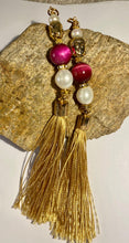 Load image into Gallery viewer, Exotic Cultured White Pearl &amp; Fuchsia Tiger Eye Gemstone Tibetan Dangle Earrings with Silk Tassels
