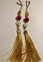 Load image into Gallery viewer, Exotic Cultured White Pearl &amp; Fuchsia Tiger Eye Gemstone Tibetan Dangle Earrings with Silk Tassels
