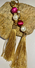 Load image into Gallery viewer, Exotic Cultured White Pearl &amp; Fuchsia Tiger Eye Gemstone Tibetan Dangle Earrings with Silk Tassels
