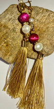 Load image into Gallery viewer, Exotic Cultured White Pearl &amp; Fuchsia Tiger Eye Gemstone Tibetan Dangle Earrings with Silk Tassels
