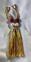 Load image into Gallery viewer, Exotic Cultured White Pearl &amp; Fuchsia Tiger Eye Gemstone Tibetan Dangle Earrings with Silk Tassels
