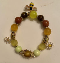 Load image into Gallery viewer, Exotic Agate Gemstone Stretch Bracelet with Cute Bee Charms
