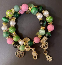 Load image into Gallery viewer, Exotic Pink &amp; Green Jasper, Green Agate &amp; Cultured Pearl Gemstone Tibetan Double Wrap Bracelet
