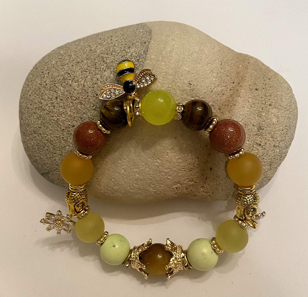 Exotic Agate Gemstone Stretch Bracelet with Cute Bee Charms