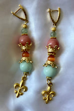 Load image into Gallery viewer, Pink Agate &amp; Light Blue Angelite Gemstone Tibetan Dangle Earrings Fleur De Lis Charm
