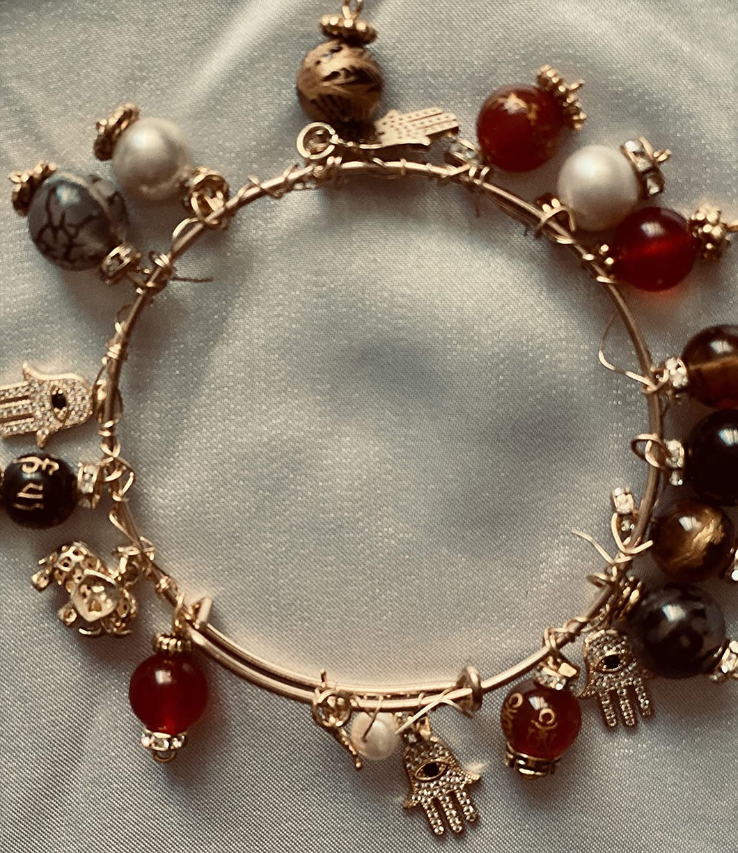 Exotic Gemstone Red Agate, Pearl & Tiger Eye Wire Dangle Good Karma Bangledesh Bracelet