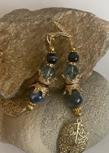 Load image into Gallery viewer, Kyanite &amp; Light Blue Quartz Gemstone Tibetan Style Dangle Earrings with Leaf Charm
