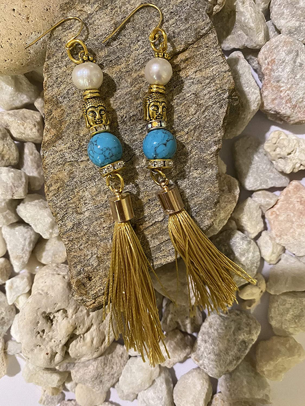 Exotic Turquoise Gemstone Tibetan Style Dangle Earrings with Silk Tassels