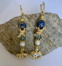 Load image into Gallery viewer, Exotic Blue Jasper, Quartz &amp; Pearl Gemstone Tibetan Style Dangle Earrings with Evil Eye Charm
