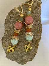 Load image into Gallery viewer, Pink Agate &amp; Light Blue Angelite Gemstone Tibetan Dangle Earrings Fleur De Lis Charm
