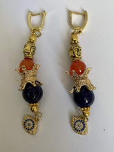 Load image into Gallery viewer, Amethyst and Orange Cat Eye Quartz Gemstone Tibetan Dangle Earrings
