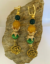 Load image into Gallery viewer, Exotic Green &amp; Yellow-Orange Cat Eye Quartz &amp; Green Agate Gemstone Earrings with Rose Charm
