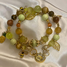 Load image into Gallery viewer, Exotic Green Agate Gemstone Double Wrap Bracelet with Bee, Pineapple, Moon Charms
