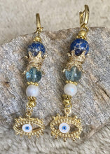 Load image into Gallery viewer, Exotic Blue Jasper, Quartz &amp; Pearl Gemstone Tibetan Style Dangle Earrings with Evil Eye Charm
