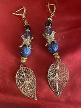 Load image into Gallery viewer, Kyanite &amp; Light Blue Quartz Gemstone Tibetan Style Dangle Earrings with Leaf Charm
