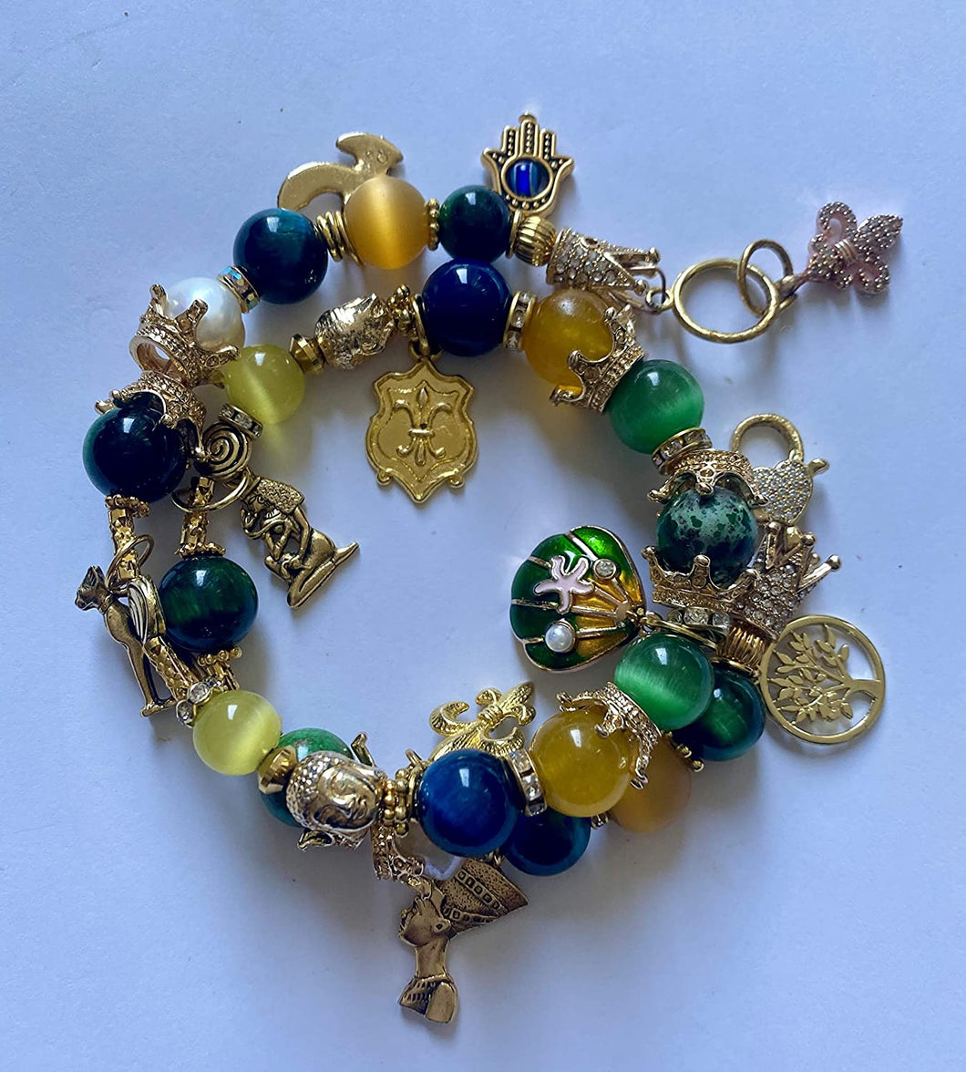 Exotic Yellow, Blue & Green Tiger Eye, Agate & Pearl Gemstone Double Wrap Bracelet with Egyptian Charms