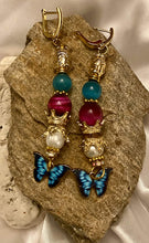 Load image into Gallery viewer, Pink &amp; Turquoise Butterfly Gemstone Tibetan Dangle Earrings
