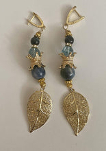 Load image into Gallery viewer, Kyanite &amp; Light Blue Quartz Gemstone Tibetan Style Dangle Earrings with Leaf Charm
