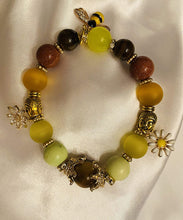 Load image into Gallery viewer, Exotic Agate Gemstone Stretch Bracelet with Cute Bee Charms
