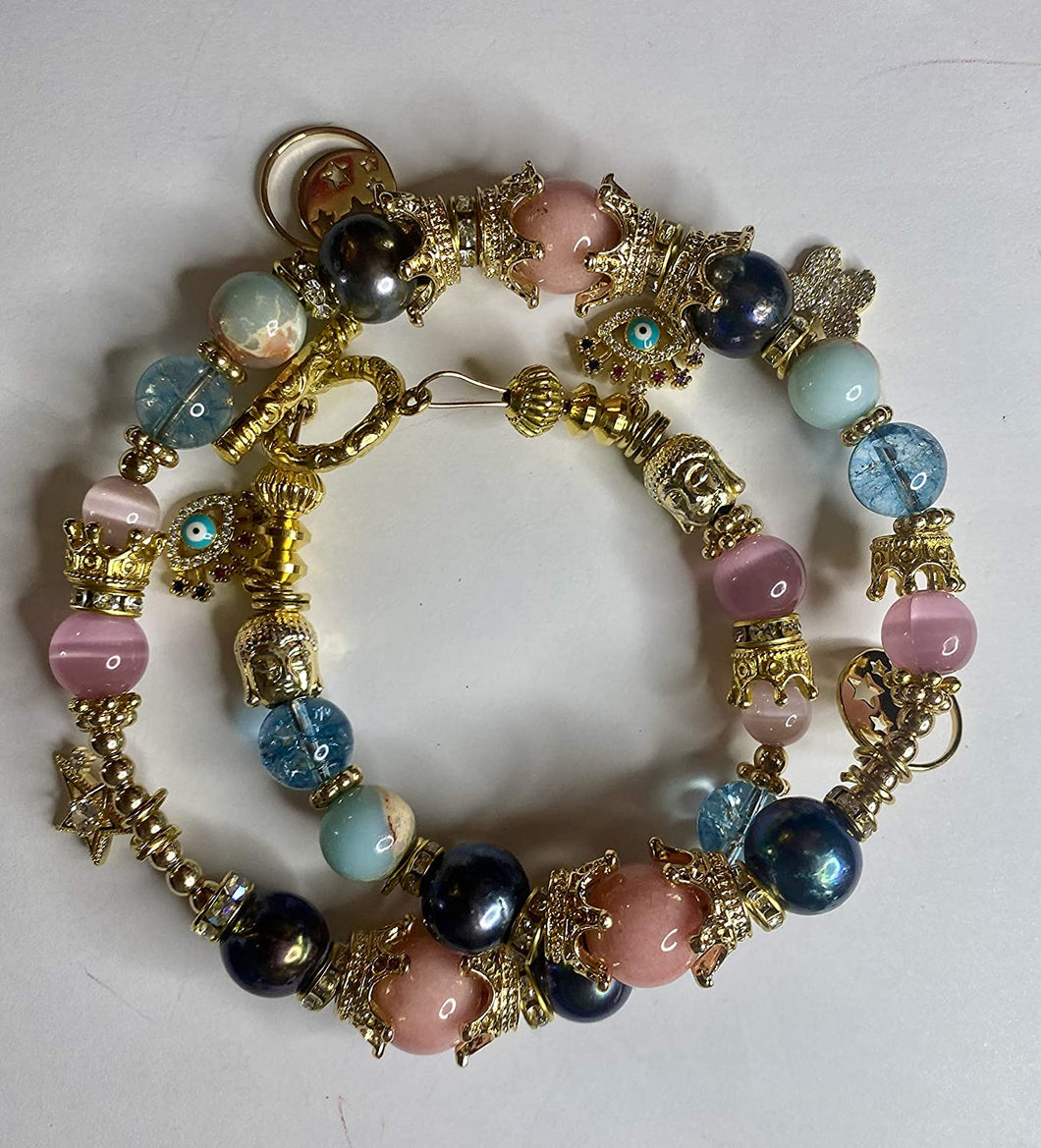 Exotic Pink Cat Blue Quartz, Black Pearl Gemstone Double Wrap Bracelet