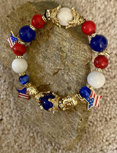 Load image into Gallery viewer, Exotic Blue &amp; Red Agate White Pearl Gemstone American Flag Stretch Bracelet
