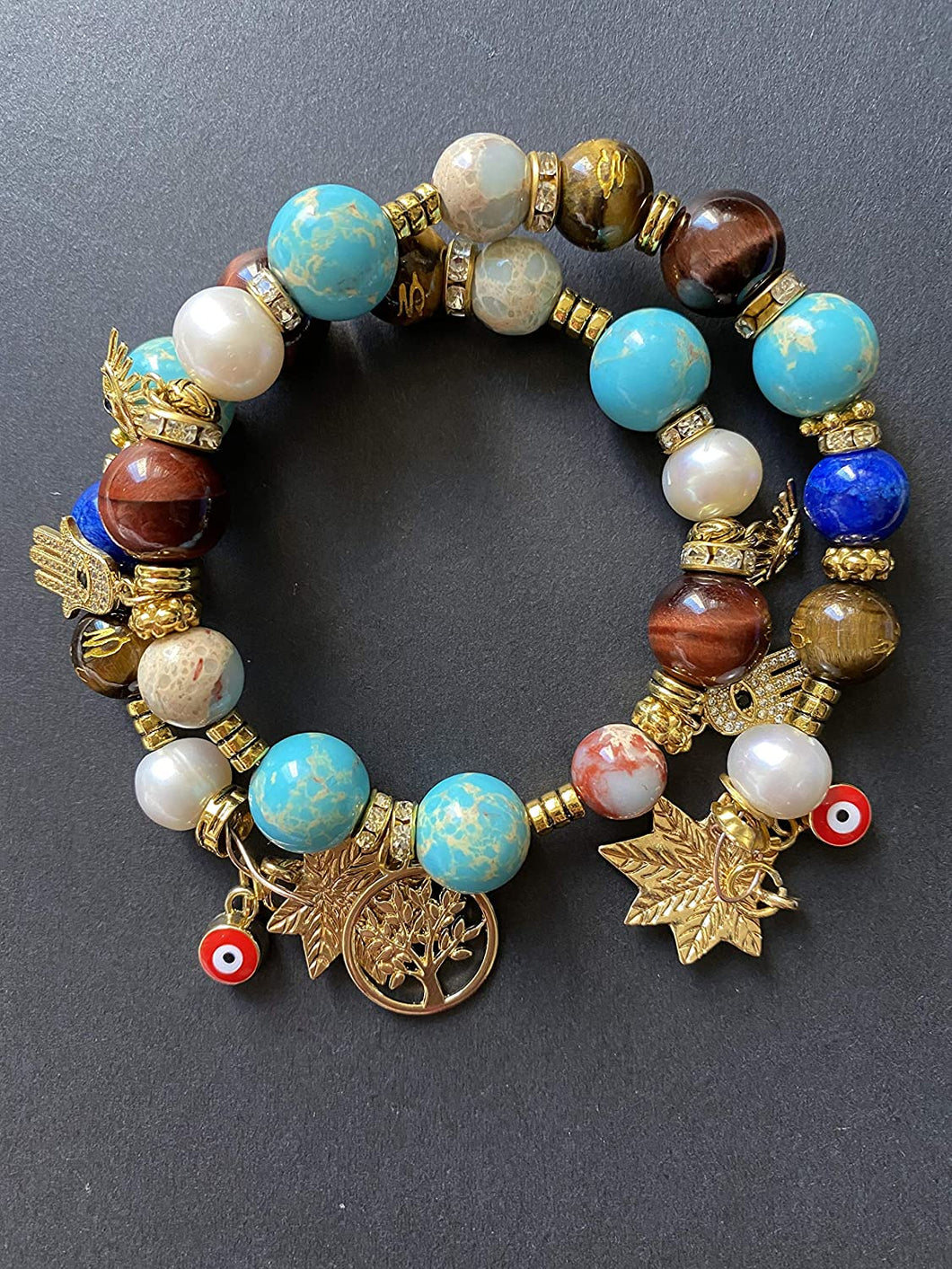 Exotic with Pearl , Tiger Eye, Jasper & Blue Agate Gemstone Good Karma Double Wrap Bracelet