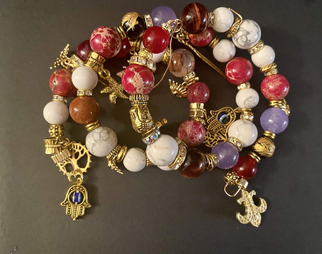 Exotic Red Jasper, White Howlite, Tiger Eye & Agate Gemstone Tibetan Style Double Wrap Bracelet