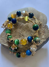 Load image into Gallery viewer, Exotic Yellow, Blue &amp; Green Tiger Eye, Agate &amp; Pearl Gemstone Double Wrap Bracelet with Egyptian Charms
