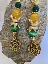 Load image into Gallery viewer, Exotic Green &amp; Yellow-Orange Cat Eye Quartz &amp; Green Agate Gemstone Earrings with Rose Charm
