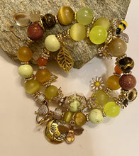 Load image into Gallery viewer, Exotic Green Agate Gemstone Double Wrap Bracelet with Bee, Pineapple, Moon Charms
