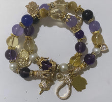 Load image into Gallery viewer, Exotic Purple Ametrine &amp; Purple Agate &amp; Gold Tiger Eye Gemstone Tibetan Double Wrap Bracelet
