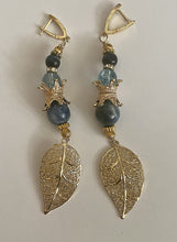 Load image into Gallery viewer, Kyanite &amp; Light Blue Quartz Gemstone Tibetan Style Dangle Earrings with Leaf Charm
