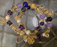 Load image into Gallery viewer, Exotic Purple Ametrine &amp; Purple Agate &amp; Gold Tiger Eye Gemstone Tibetan Double Wrap Bracelet
