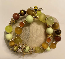 Load image into Gallery viewer, Exotic Green Agate Gemstone Double Wrap Bracelet with Bee, Pineapple, Moon Charms
