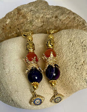 Load image into Gallery viewer, Amethyst and Orange Cat Eye Quartz Gemstone Tibetan Dangle Earrings
