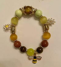 Load image into Gallery viewer, Exotic Agate Gemstone Stretch Bracelet with Cute Bee Charms
