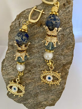 Load image into Gallery viewer, Exotic Blue Jasper, Quartz &amp; Pearl Gemstone Tibetan Style Dangle Earrings with Evil Eye Charm
