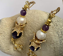 Load image into Gallery viewer, Exotic Amethyst &amp; Pearl Gemstone Tibetan Dangle Earrings
