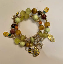 Load image into Gallery viewer, Exotic Green Agate Gemstone Double Wrap Bracelet with Bee, Pineapple, Moon Charms
