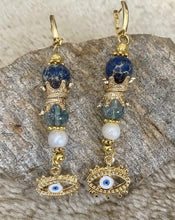 Load image into Gallery viewer, Exotic Blue Jasper, Quartz &amp; Pearl Gemstone Tibetan Style Dangle Earrings with Evil Eye Charm
