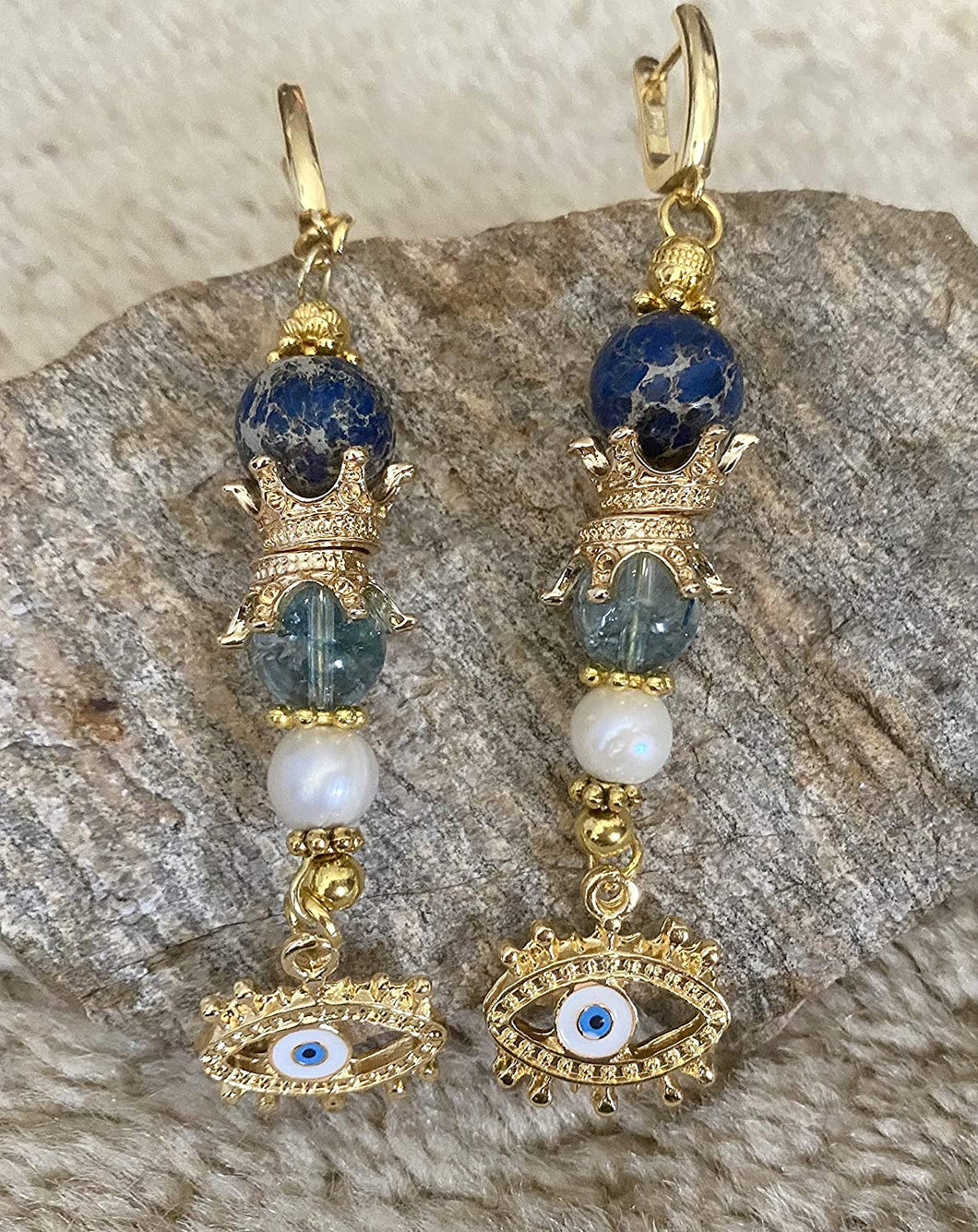 Exotic Blue Jasper, Quartz & Pearl Gemstone Tibetan Style Dangle Earrings with Evil Eye Charm