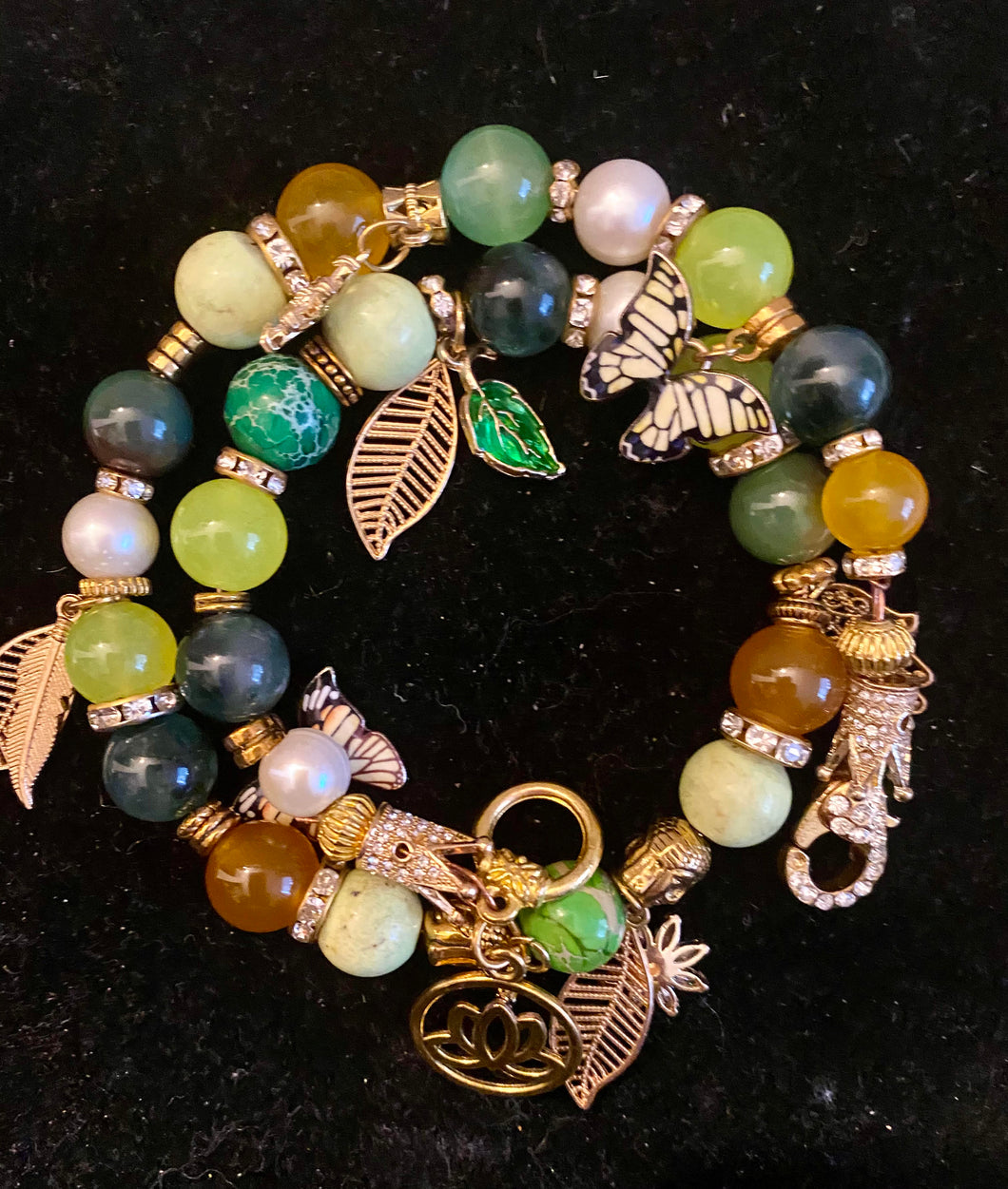 Exotic Yellow Agate, Cultured Pearl, Smoky Green Quartz & Green Jasper Gemstone  Tibetan Double Wrap Bracelet