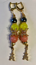 Load image into Gallery viewer, Exotic Black Pearl, Yellow Quartz and Peach Agate Gemstone Dangle Tibetan Earrings with Eiffel Tower Charm
