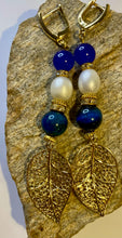 Load image into Gallery viewer, Exotic Cultured Pearl &amp; Blue Agate Gemstone Dangle Earrings with Leaf Charm
