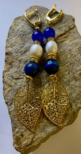 Load image into Gallery viewer, Exotic Cultured Pearl &amp; Blue Agate Gemstone Dangle Earrings with Leaf Charm
